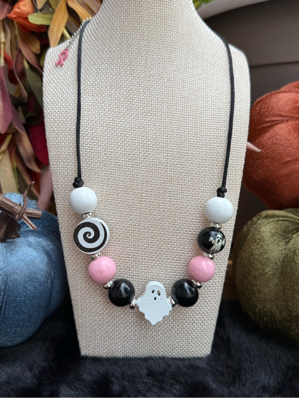 Halloween Spiraling Ghost Bubblegum Wood Necklace